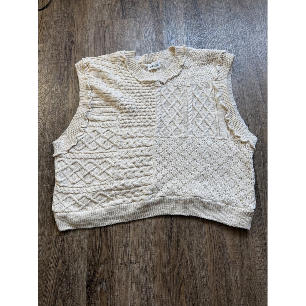 &merci Cream‎ Patchwork Cable Knit Sweater Vest Small Cotton Mixed Stitch Boho